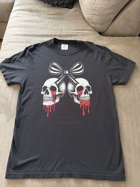 Black Graphic Skull Bow T-Shirt with Red Drip Detail - NEW!
